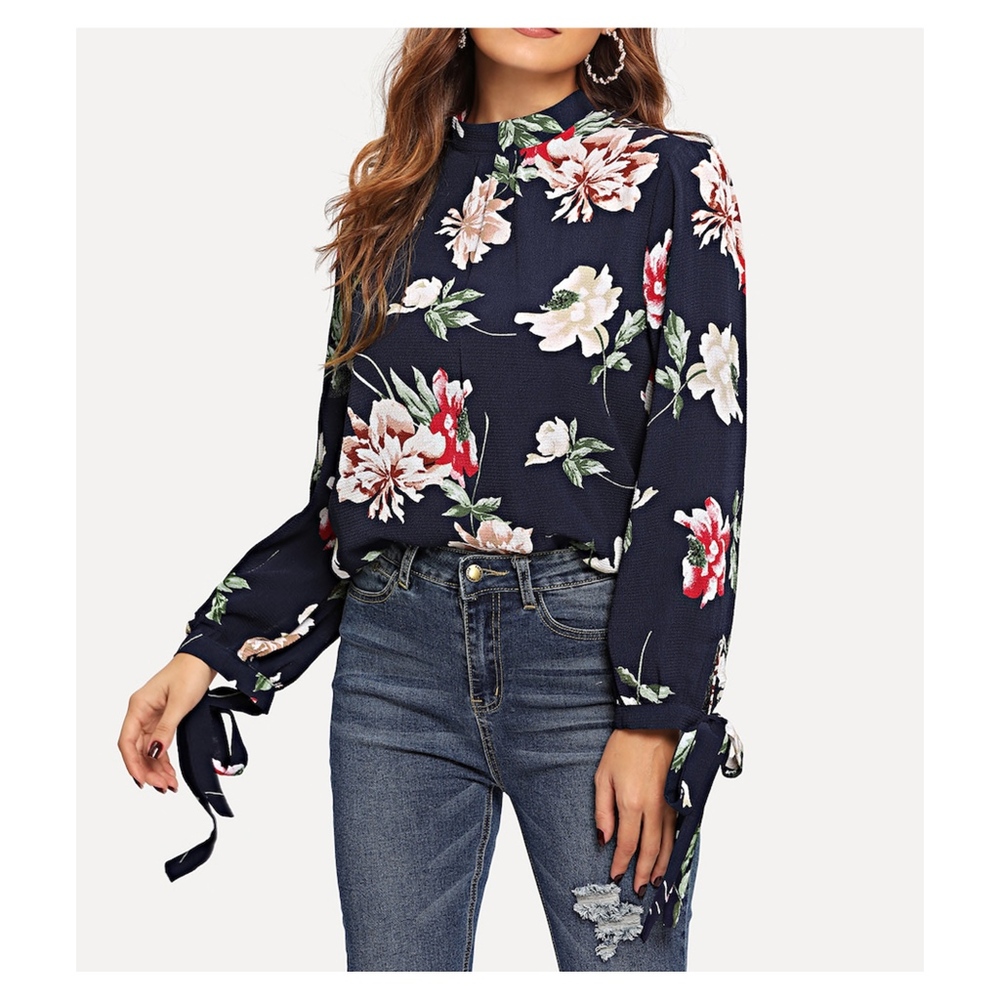 Blue Floral Blouse Knot Cuffs Long Sleeve